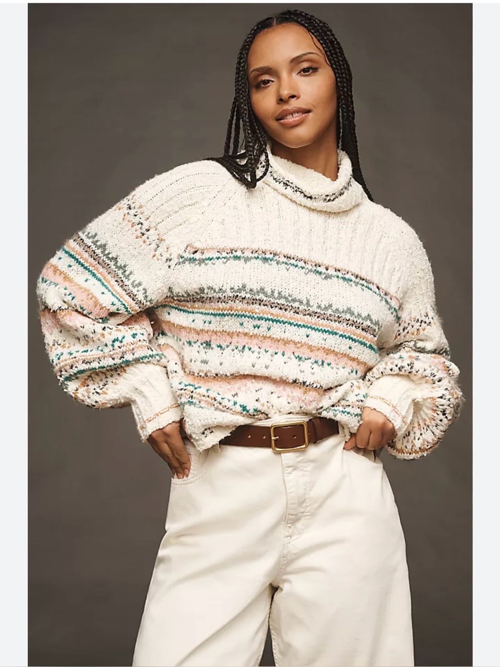 Pilcro Ivory Cowlneck Sweater with Pink, Teal & Gray Stripes